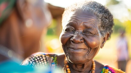 Portrait of an elderly African woman with a joyful smile. Outdoor shot with shallow depth of field for cultural diversity and happiness concept