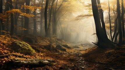   Fog in forest during autumn season Generate AI