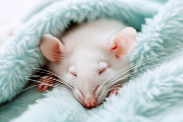White domestic rat sleeping under soft blanket on bed, close up
