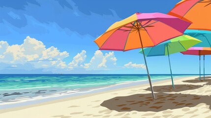 Vibrant multicolored beach umbrellas on a sunny sandy beach with ocean backdrop