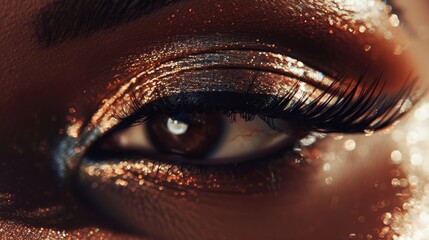 Woman's eye with golden makeup and long lashes - obrazy, fototapety, plakaty
