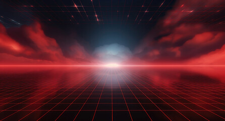 Red grid floor line on glow neon night red background, Synthwave vaporwave retrowave cyber background, concert poster, rollerwave, technological design, shaped canvas, smokey cloud wave background.