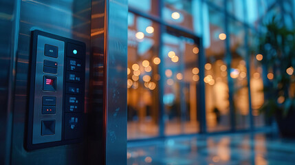 Clear focus on a digital keypad at a building entrance suggests privacy protection - obrazy, fototapety, plakaty