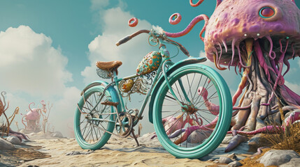 Whimsical bike adorned with surrealist imagery, blending the commonplace with the extraordinary