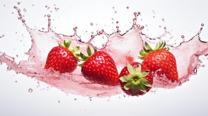 pink strawberries, with splashes of water, white background  Generate AI