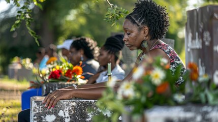 Mourning African American woman sitting solemnly at cemetery with fresh flowers. Commemorative peaceful moment. Respect and remembrance concept.