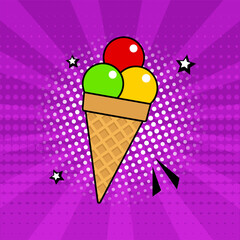 Comic ice cream cone vector icon, sweet waffle dessert, colorful summer food in pop art style on purple background. Cartoon appetizing illustration
