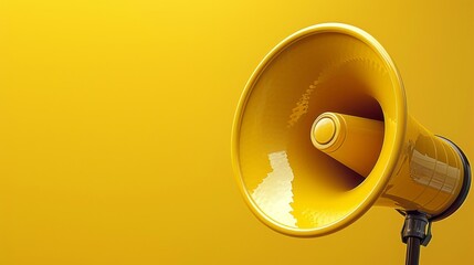 Front view of a deconstructed megaphone with a simplistic yellow background - obrazy, fototapety, plakaty