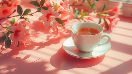 Naklejka na ściany i meble Aesthetic Floral Sunlight Shadows Coffee Cup Peach Table