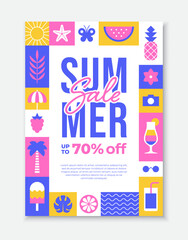 Summer sale banner template with colorful frame with summer vacation icons and symbols.