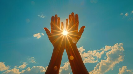 Inspirational Raised Hands Catching Sun Blue Sky Spirit