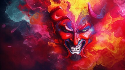 Red devil face and horn illlustration, red and rainbow background splash smoke Generate AI - obrazy, fototapety, plakaty