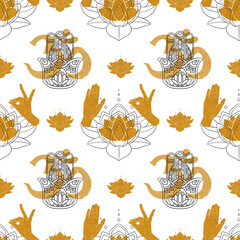 Buddhism loutus flower with line and gold seamless pattern. Hand drawn art