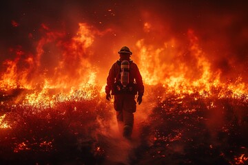 A firefighter battling an intense wildfire, surrounded by scorched earth and towering flames - obrazy, fototapety, plakaty