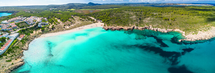 Areal drone view of Arenal de Son Saura beach at Menorca island, Spain - 772480010