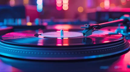 Foto op Canvas Through a vinyl record's groove, the past melds with now, dancers in retro flair under neon lights, a timeless celebration © Thor.PJ