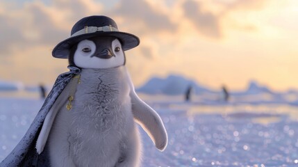 Amidst the serene expanse of Antarctica, under a sky painted with the soft glows of dawn, a baby penguin stands at the helm of a frozen empire. Decked in a classic 19th-century mafia attire, complete - obrazy, fototapety, plakaty