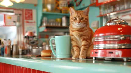 Retro 1950s diner setting with a mischievous kitty on the counter next to a classic bun warmer
