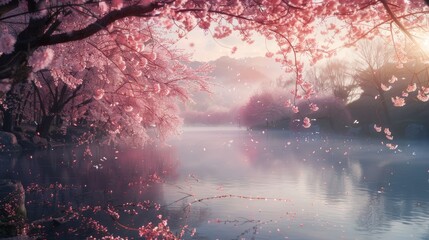 Enchanted cherry blossom trees by the lake at sunrise. Serene spring morning landscape for relaxation and nature themes. - obrazy, fototapety, plakaty