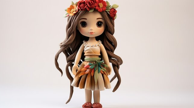 Small, cute doll made of wax, wearing a flower headband, beautiful clothes, standing, white background Generate AI
