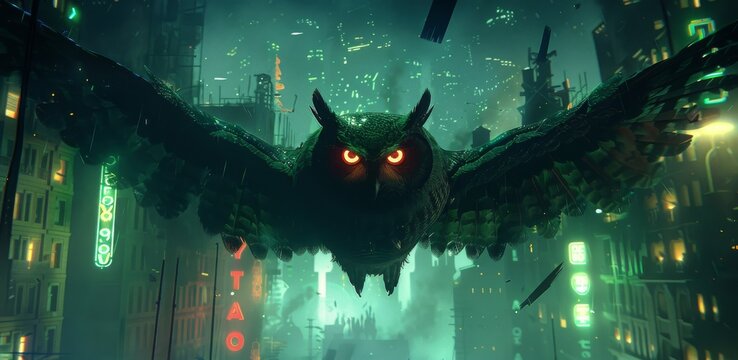 In the aftermath of chaos, an owl with mechanical wings surveys a city, lofi beats echoing under flickering lights, shorts torn.