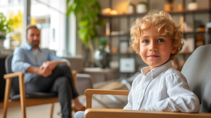 Fototapeta premium Smiling young boy during a therapy session with psychologist in the background.