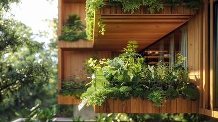 Fototapeta na wymiar Sunny ambiance on wooden architectural details of an eco-friendly residence with plants