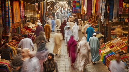 Busy traditional market street in motion blur. Cultural travel and shopping concept. Design for postcard, travel brochure