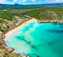 Areal drone view of Arenal de Son Saura beach at Menorca island, Spain - 772480696