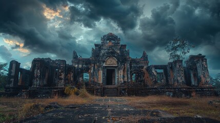 A vivid glimpse into a future where historical landmarks stand decaying, nature overtaking remnants of human grandeur. Shadowed skies overhead cast an ominous hue. - obrazy, fototapety, plakaty