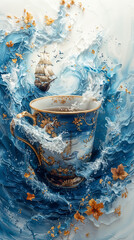 A tea cup that is in an ocean with a sailing ship, in the style of surrealistic elements