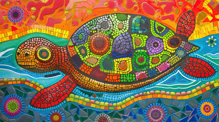 A vibrant mosaic artwork showcasing a turtle in multicolored patterns swimming in blue waters, with a vivid red and orange sky backdrop.