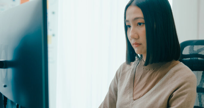 Closeup Adult Asia female freelance typing write prompt AI bot IT app smart program nomad, video game, terminal with coding language, user interface, designer, big data center on desktop computer.