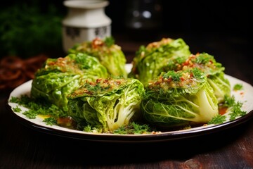 Stuffed savoy cabbage leaves. Cooking sauce meal roll lunch. Generate Ai - obrazy, fototapety, plakaty