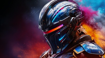 Spartan helmet with robotic face, decorated with long colorful feather , colorful smoke explosions Generate AI