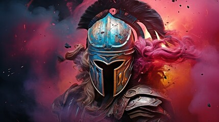 Spartan helmet with robotic face, decorated with long colorful feather , colorful smoke explosions Generate AI