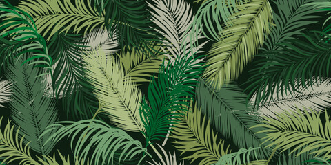 Exotic seamless pattern with green palm leaves. Endless wallpaper, background.