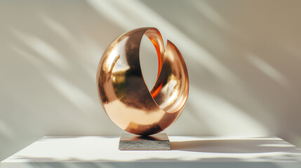 An elegant shiny copper spherical sculpture with a twisted loop, standing on a white pedestal with shadows playing across the surface.