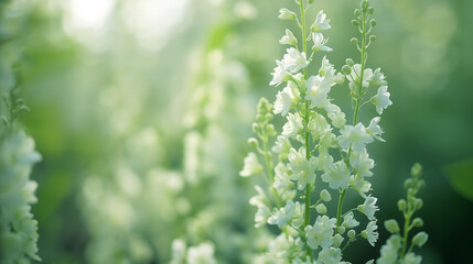 Fototapeta premium Close-up of delicate white flowers with soft green foliage in the background, depicting a fresh spring day.