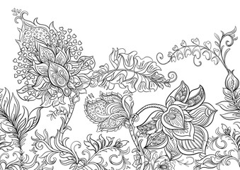 Fantasy flowers in retro, vintage, jacobean embroidery style. Seamless pattern, background. Outline Vector illustration.