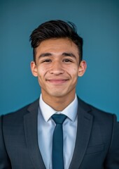 Smiling and looking directly at the camera, a young man wearing professional attire poses against a blue solid color background in this photo.
