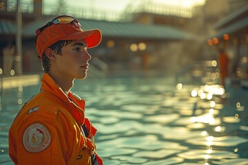A lifeguard conducting a pool safety inspection to ensure compliance with regulations