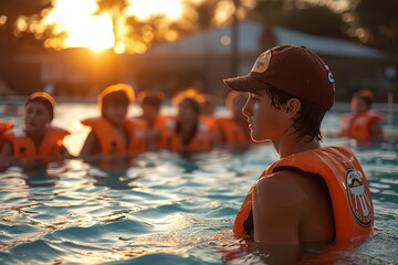 A lifeguard conducting a swim safety demonstration for children at a pool