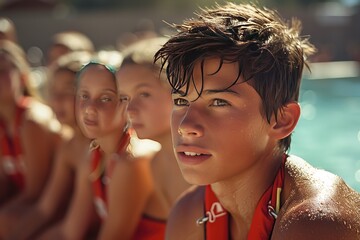 A lifeguard conducting a swim safety demonstration for children at a pool