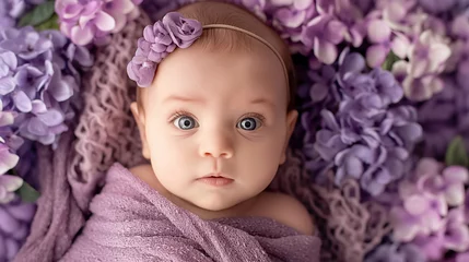 Fotobehang A baby with wide eyes lies surrounded by lilac flowers, wrapped in a soft purple fabric, looking curious. © RISHAD