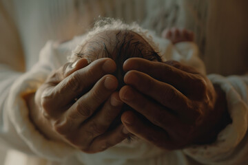 a person's hands cradling a newborn baby, with soft light and tender gestures conveying a sense of unconditional love and connection - obrazy, fototapety, plakaty