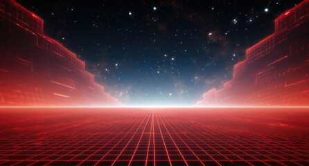 Red grid floor line on a glow neon night red grid background, arcade game, music poster, outer...