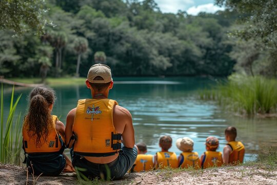 A lifeguard conducting a water safety drill with a group of children at a serene lake, surrounded by lush greenery, calm water