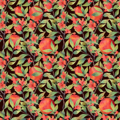 Watercolor pomegranate seamless pattern on dark background. High quality illustration
