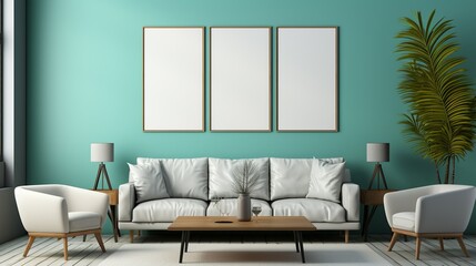Three Mockup of framing a white blank picture on the wall of a blue palette , living room Generate AI
